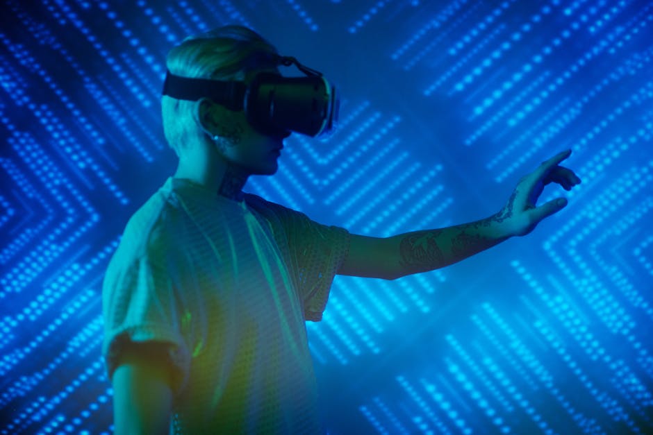 Person immersed in virtual reality with a neon blue background