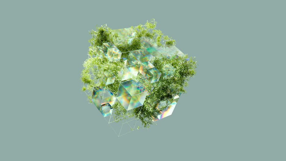 A digital abstract cube interwoven with lush greenery, symbolizing sustainability and technology